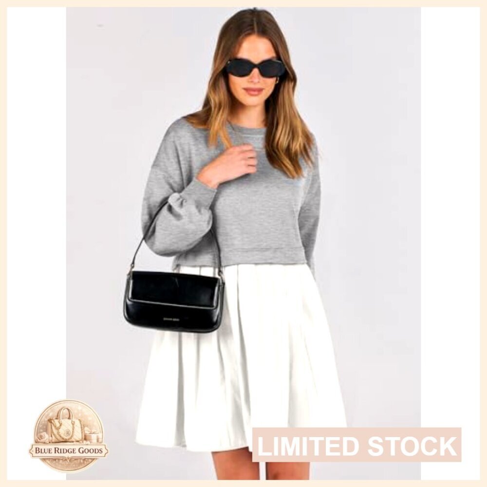 Oversized Sweatshirt Dress Long Sleeve Pleated Patchwork Mini Casual Pullover - Picture 2 of 7